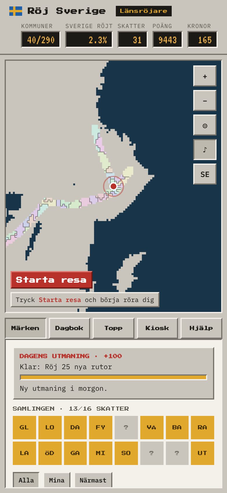 Spelet i mobilen: kartan över Sverige, röjd längs en resa från Stockholm